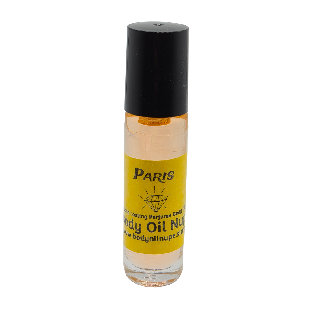 Paris Body Oil by Body Oil Nupe, roll-on bottle of body oil with a black cap and yellow label on a white background, orange fragrance oil, long-lasting tropical citrus scent
