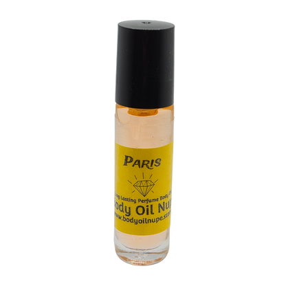 Paris Body Oil by Body Oil Nupe, roll-on bottle of body oil with a black cap and yellow label on a white background, orange fragrance oil, long-lasting tropical citrus scent
