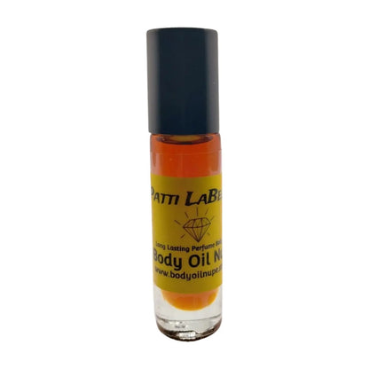 A bottle of Patti LaBelle Body Oil by Body Oil Nupe with a label featuring an image of Patti LaBelle and the text 'Iconic Voice. Iconic Fragrance. Long-lasting body oil