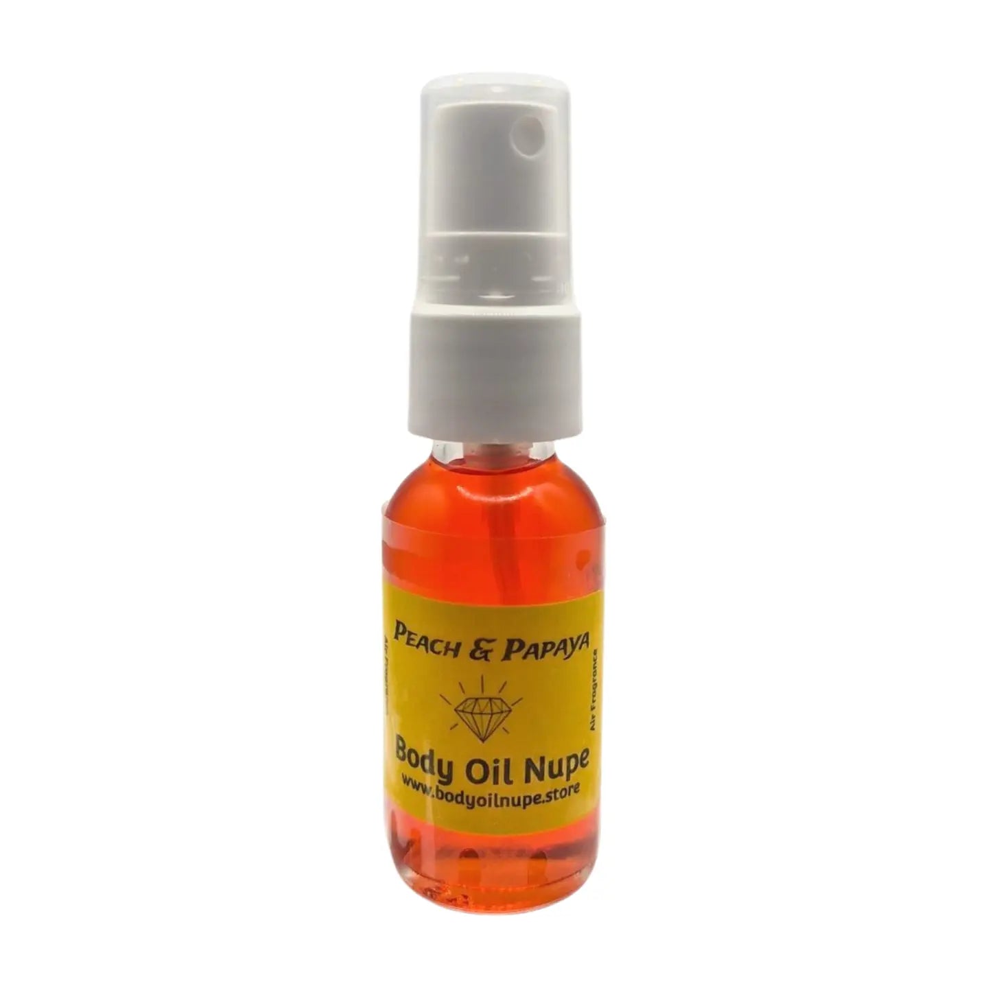 Peach & Papaya Air Fragrance by Body Oil Nupe, spray bottle with white cap and yellow label on a white background, orange red liquid, long-lasting sweet fruity tropical scent