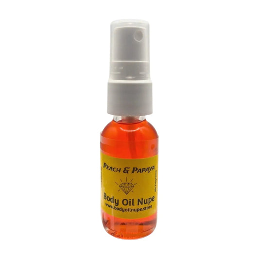 Peach & Papaya Air Fragrance by Body Oil Nupe, spray bottle with white cap and yellow label on a white background, orange red liquid, long-lasting sweet fruity tropical scent