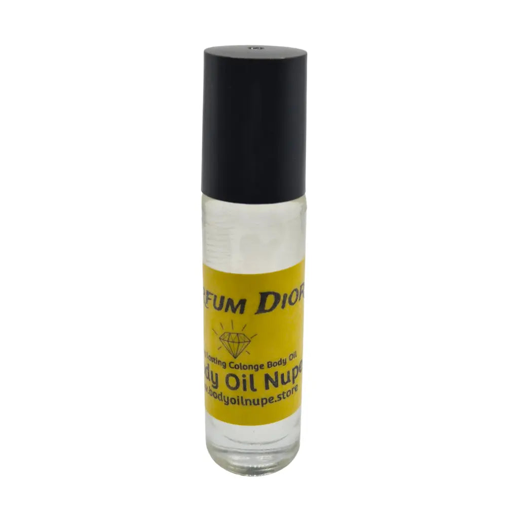 Perfum Dior Body Oil by Body Oil Nupe, roll-on bottle of body oil with a black cap and yellow label on a white background, clear fragrance oil, long-lasting tropical powerful scent