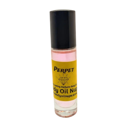 A bottle of body oil with a pink hue and a black cap, labeled 'PERPET', indicating it is a product designed for personal care. Long-lasting fragrance from Body Oil Nupe