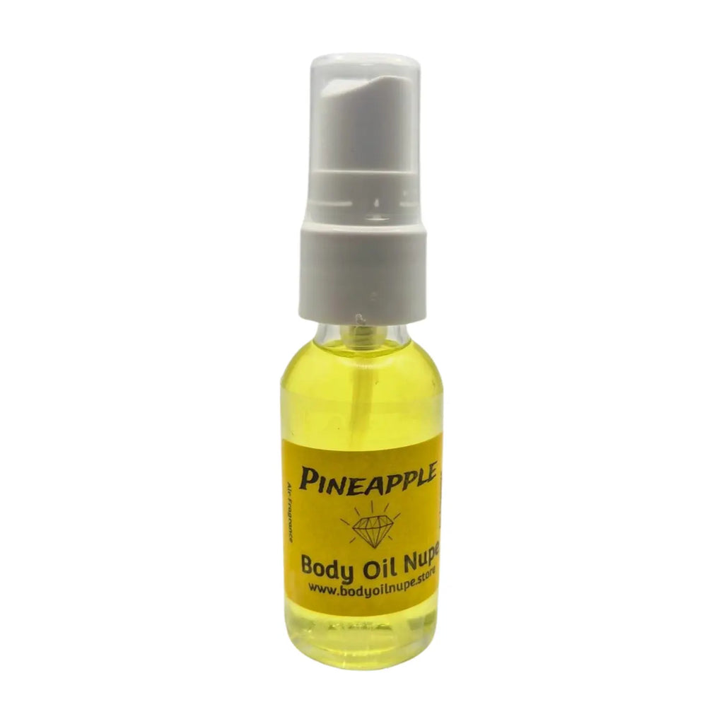 Bottle of yellow pineapple scent with a spray pump on a white background in glass bottle