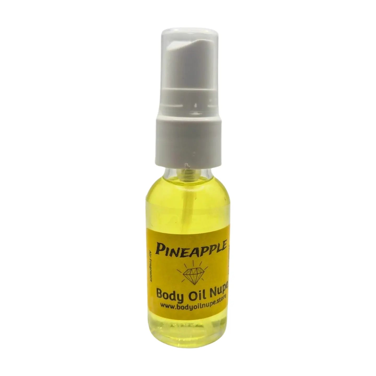 Bottle of yellow pineapple scent with a spray pump on a white background in glass bottle