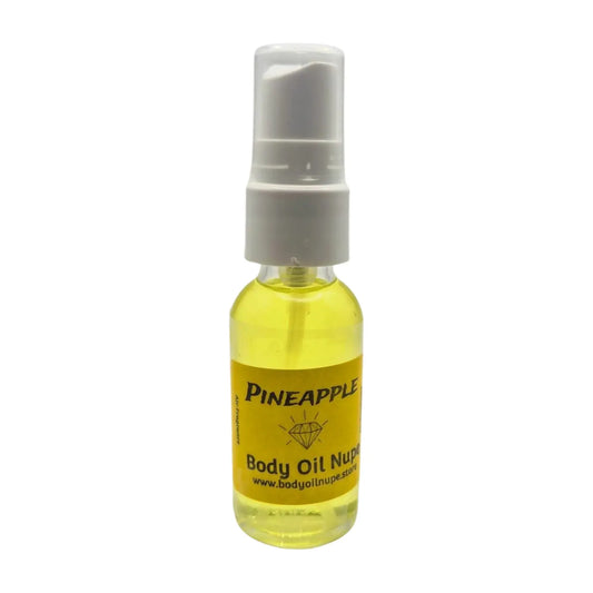 Bottle of yellow pineapple scent with a spray pump on a white background in glass bottle