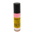 Small bottle of Pink Pop body oil with a black cap on a white background, with pink scent inside of glass bottle