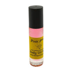 Small bottle of Pink Pop body oil with a black cap on a white background, with pink scent inside of glass bottle