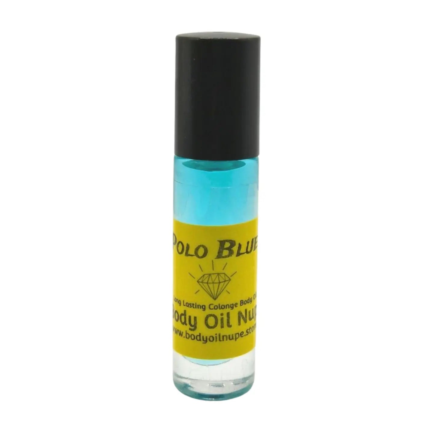 Roll-on bottle of body oil with a yellow label on a white background, blue fragrance inside of glass bottle