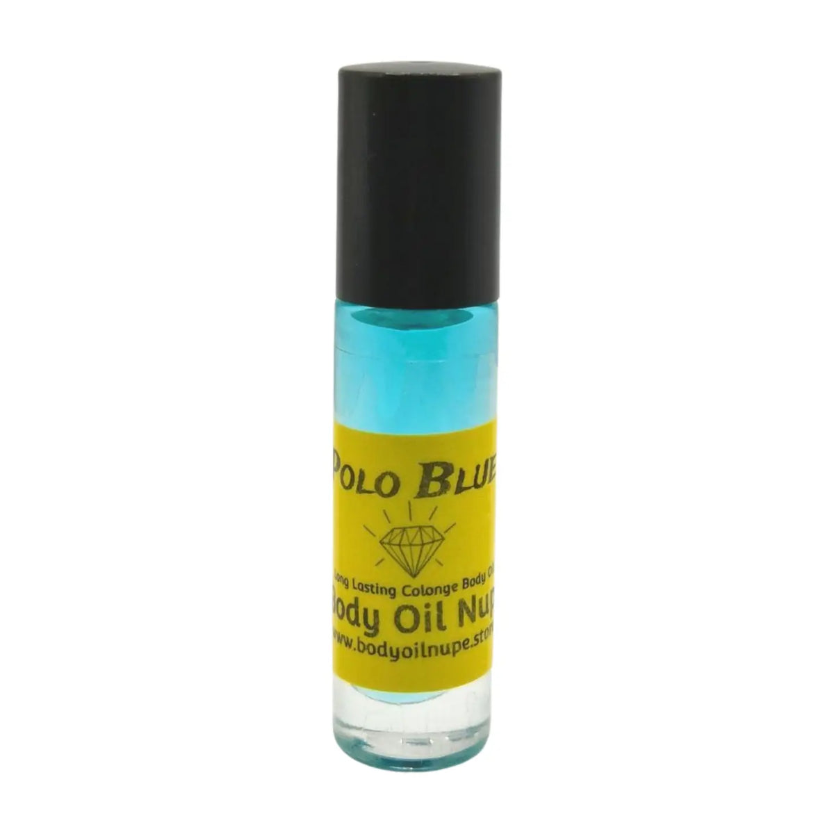Roll-on bottle of body oil with a yellow label on a white background, blue fragrance inside of glass bottle