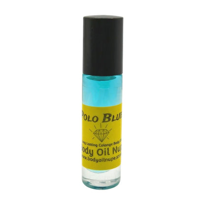 Roll-on bottle of body oil with a yellow label on a white background, blue fragrance inside of glass bottle