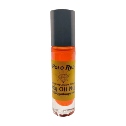 A bottle of Polo Red body oil by Body Oil Nupe with amber liquid and a black cap, labeled for sophistication and power. Long-lasting red scent inside of glass roll-on body with black cap