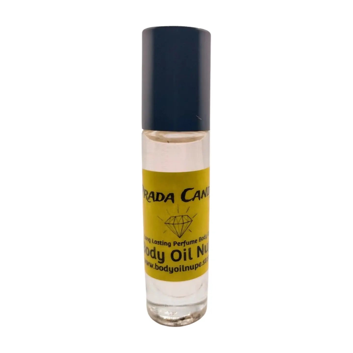 A bottle of Prada Candy Women's Fragrance Body Oil with a clear liquid visible inside, sealed with a black cap and labeled with the product name and brand.