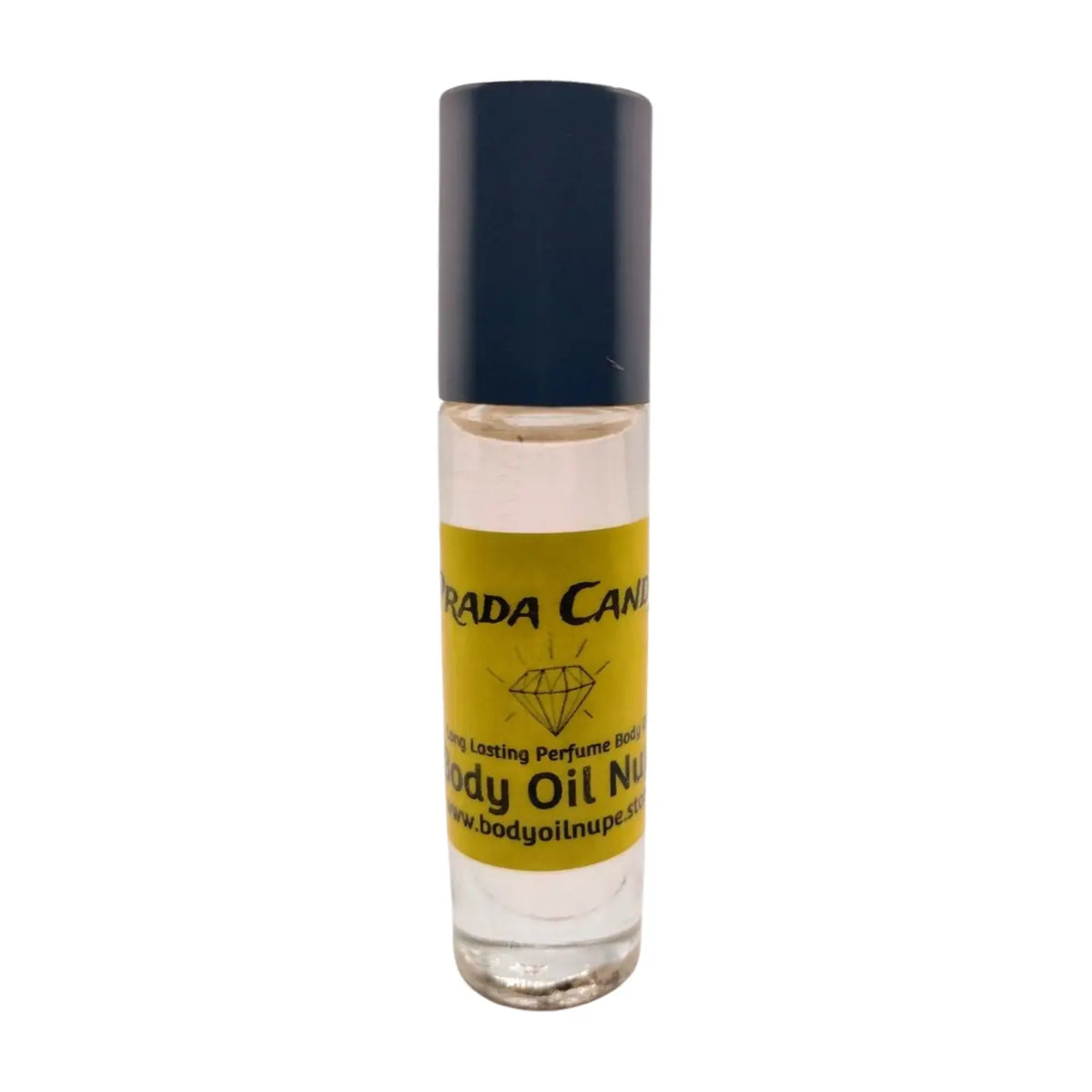 A bottle of Prada Candy Women's Fragrance Body Oil with a clear liquid visible inside, sealed with a black cap and labeled with the product name and brand.