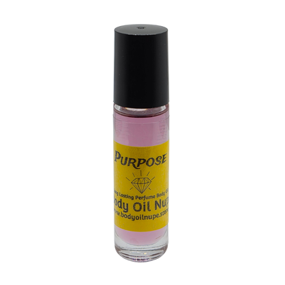 Purpose Body Oil by Body Oil Nupe, roll-on bottle of body oil with a black cap and yellow label on a white background, purple fragrance oil, long lasting fragrance scent