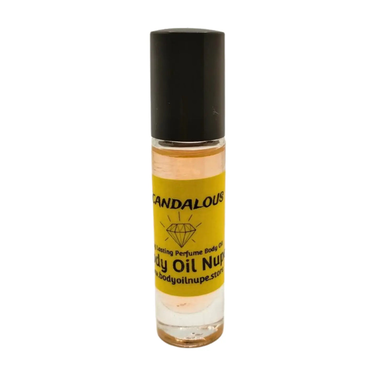 A small, clear bottle with a black cap labeled 'SCANDALOUS by Body Oil Nupe', indicating a fragrant body oil. Long-lasting fragrance from Body Oil Nupe