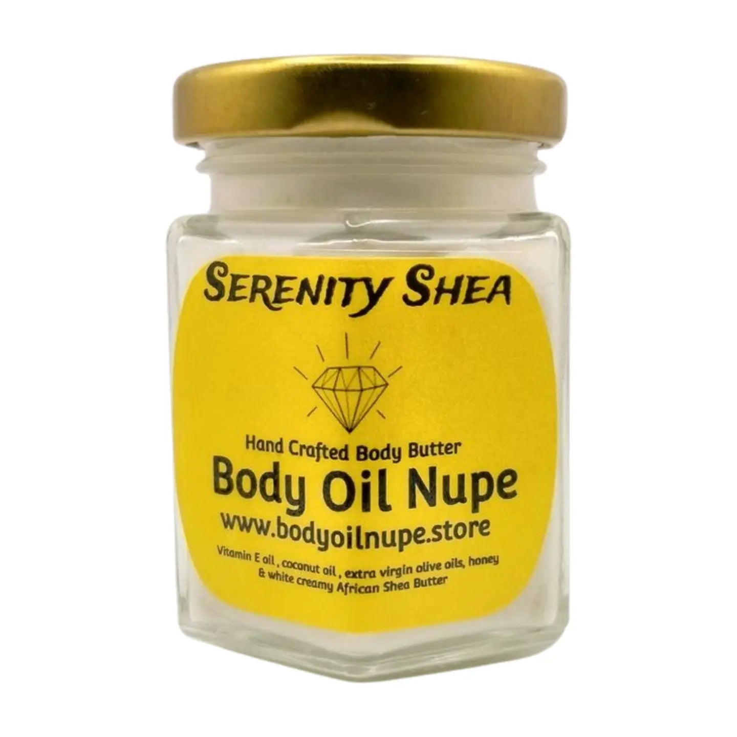 A jar of Serenity Shea body oil by Body Oil Nupe with a yellow label and a black lid.