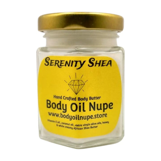 A jar of Serenity Shea body oil by Body Oil Nupe with a yellow label and a black lid.