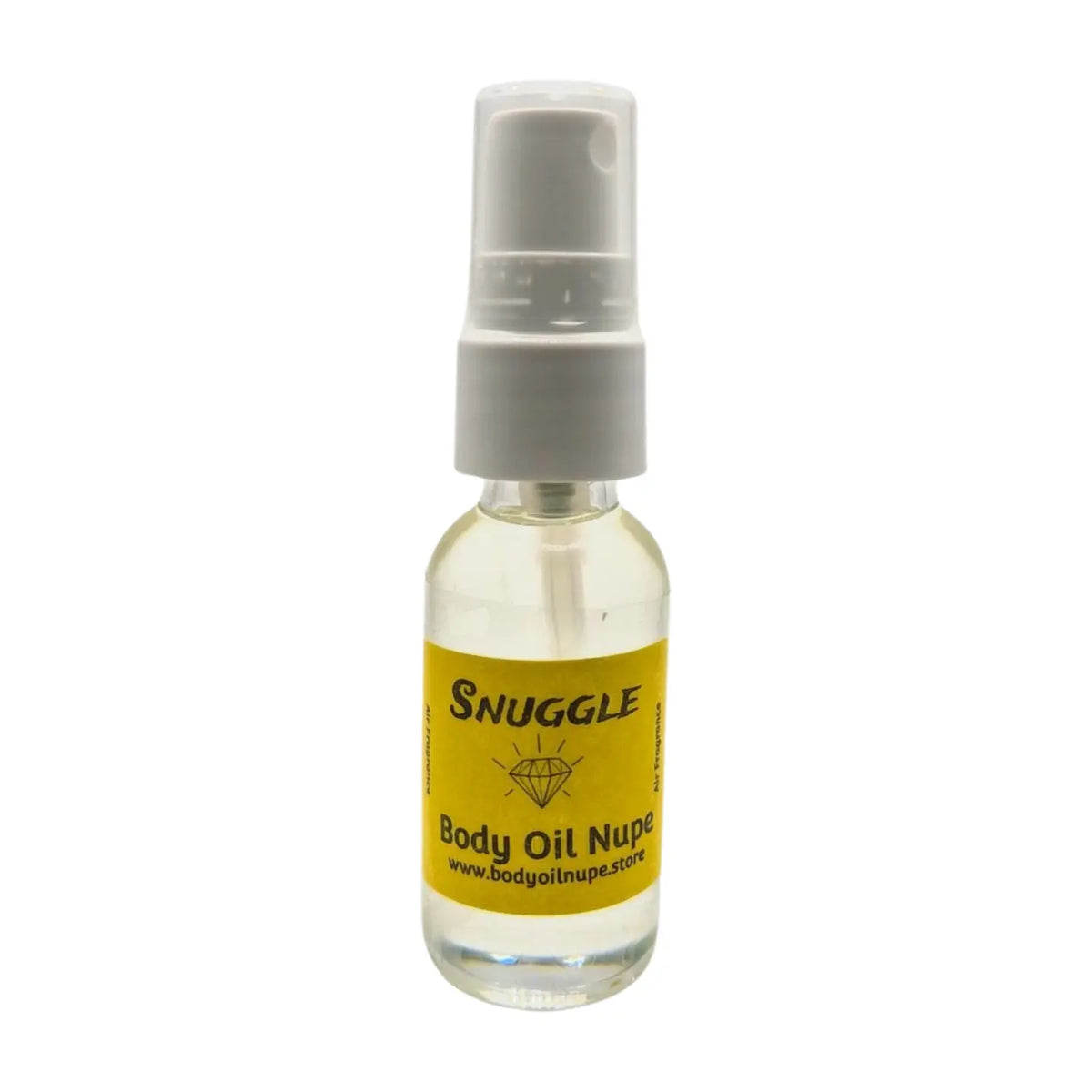 Snuggle Air Fragrance by Body Oil Nupe, spray bottle with white cap and yellow label on a white background, clear liquid, long-lasting fresh and clean scent