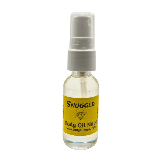 Snuggle Air Fragrance by Body Oil Nupe, spray bottle with white cap and yellow label on a white background, clear liquid, long-lasting fresh and clean scent