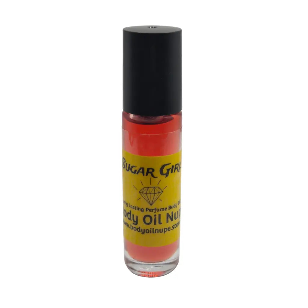 Sugar Girl Body Oil by Body Oil Nupe, roll-on bottle of body oil with a black cap and yellow label on a white background, red fragrance oil, long-lasting floral scent