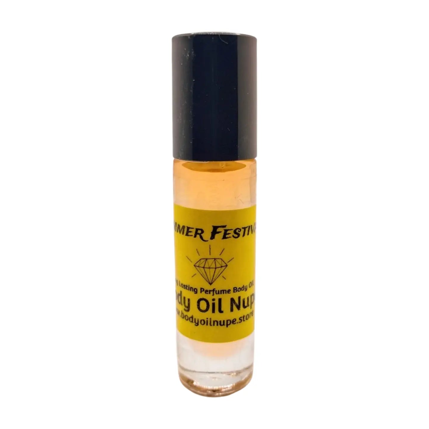 A small, clear rollerball bottle of body oil with a black cap and a label that reads 'Summer Festival', with yellow and orange tones on the label. Orange scent inside glass bottle 