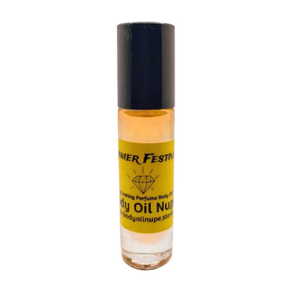 A small, clear rollerball bottle of body oil with a black cap and a label that reads 'Summer Festival', with yellow and orange tones on the label. Orange scent inside glass bottle 