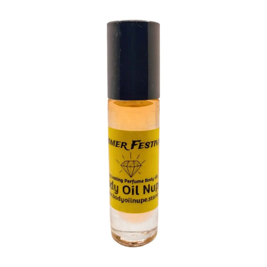 A small, clear rollerball bottle of body oil with a black cap and a label that reads 'Summer Festival', with yellow and orange tones on the label. Orange scent inside glass bottle 