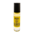 A clear rollerball bottle of body oil with yellow liquid inside, labeled 'Touch by Body Oil Nupe', with a black cap.