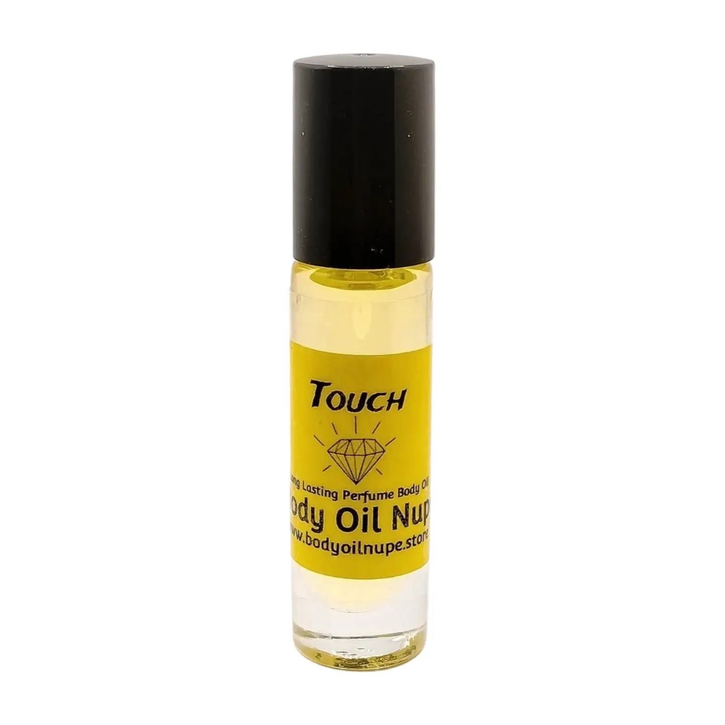 A clear rollerball bottle of body oil with yellow liquid inside, labeled 'Touch by Body Oil Nupe', with a black cap.