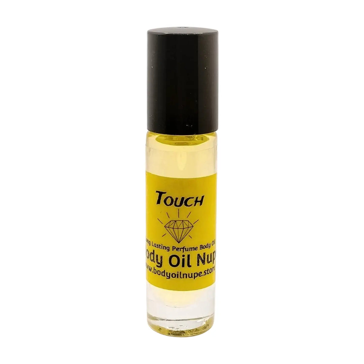 A clear rollerball bottle of body oil with yellow liquid inside, labeled 'Touch by Body Oil Nupe', with a black cap.