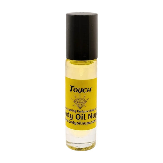 A clear rollerball bottle of body oil with yellow liquid inside, labeled 'Touch by Body Oil Nupe', with a black cap.