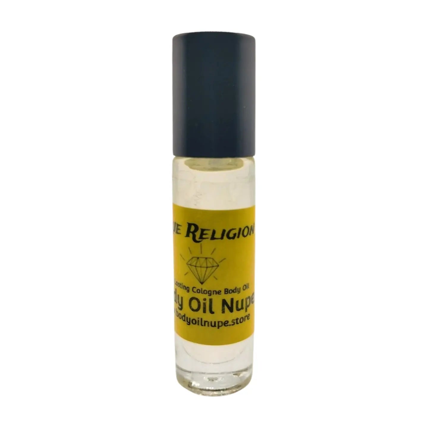 A clear glass bottle with a black cap labeled 'True Religion' containing body oil. A yellow scent inside of a glass bottle 