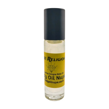 A clear glass bottle with a black cap labeled 'True Religion' containing body oil. A yellow scent inside of a glass bottle 