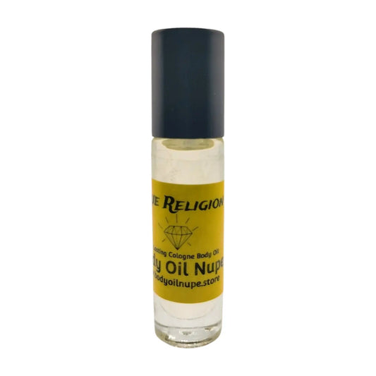A clear glass bottle with a black cap labeled 'True Religion' containing body oil. A yellow scent inside of a glass bottle 