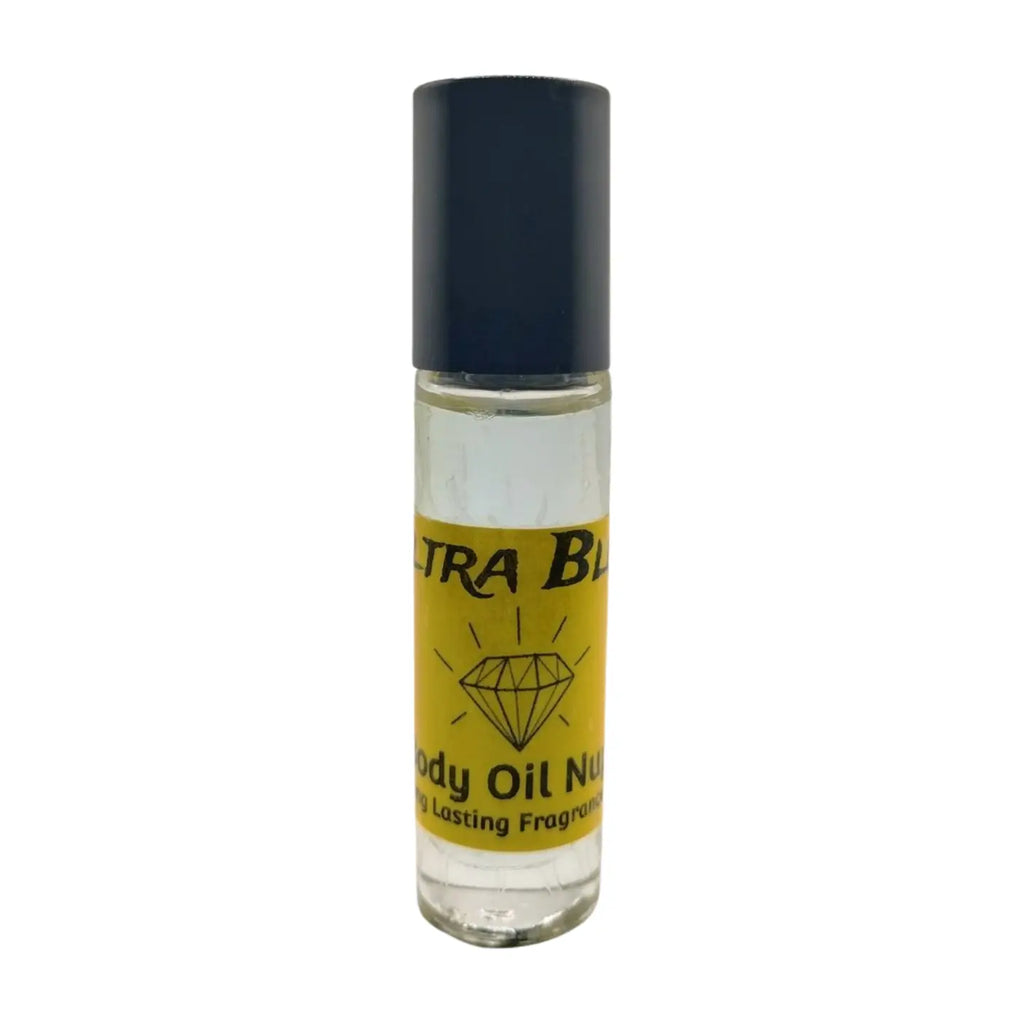A clear bottle containing a blue liquid with a black cap, labeled 'ULTRA BLUE Body Oil Nupe', presented against a white background. Clear Blue fragrance inside of clear roll-on glass bottle with black cap
