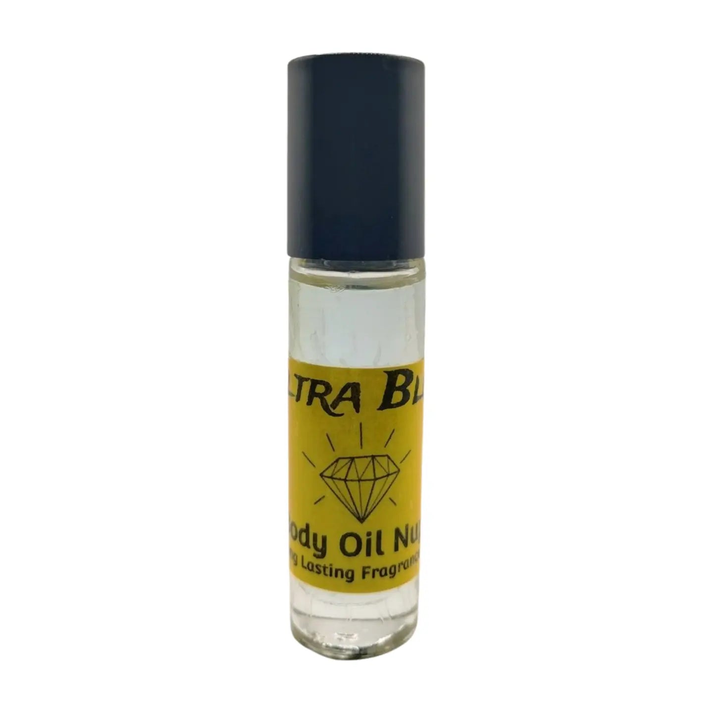 A clear bottle containing a blue liquid with a black cap, labeled 'ULTRA BLUE Body Oil Nupe', presented against a white background. Clear Blue fragrance inside of clear roll-on glass bottle with black cap