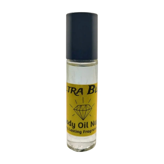 A clear bottle containing a blue liquid with a black cap, labeled 'ULTRA BLUE Body Oil Nupe', presented against a white background. Clear Blue fragrance inside of clear roll-on glass bottle with black cap