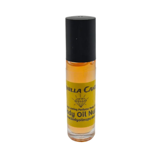 Vanilla Candy scented Body Oil by Body Oil Nupe, roll-on bottle of body oil with a black cap and yellow label on a white background, orange fragrance oil, long-lasting sweet scent