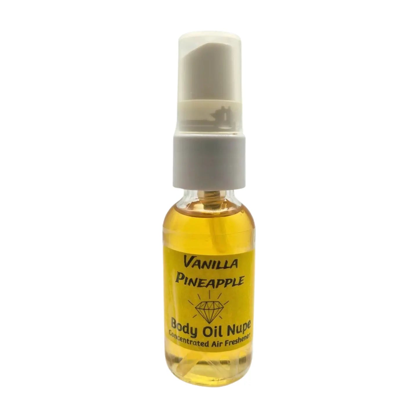 Vanilla Pineapple Air Fragrance by Body Oil Nupe, spray bottle with white cap and yellow label on a white background, gold yellow liquid, long-lasting vanilla pineapple tropical scent