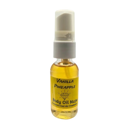Vanilla Pineapple Air Fragrance by Body Oil Nupe, spray bottle with white cap and yellow label on a white background, gold yellow liquid, long-lasting vanilla pineapple tropical scent