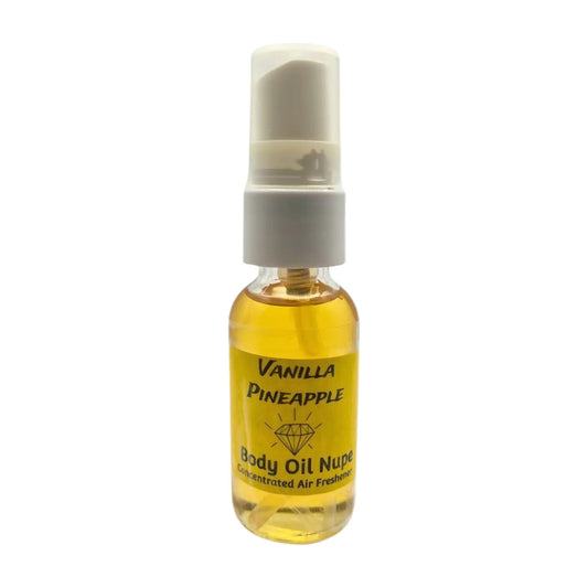 Vanilla Pineapple Air Fragrance by Body Oil Nupe, spray bottle with white cap and yellow label on a white background, gold yellow liquid, long-lasting vanilla pineapple tropical scent