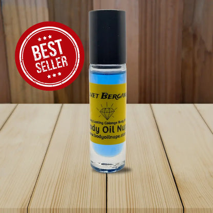Blue body oil fragrance with yellow label and black cap. Best Seller label