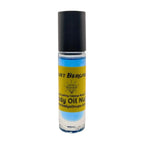 A bottle of Velvet Bergamot body oil by Body Oil Nupe with a dark blue liquid visible through the clear glass and a black cap. Long-lasting body oil fragrances 