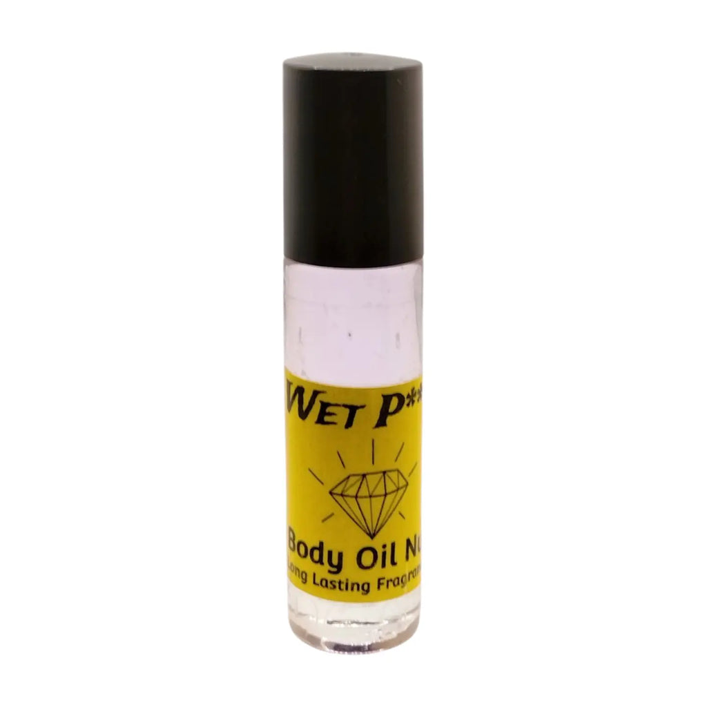 A clear roller bottle with yellow liquid inside, labeled 'Wet P♥ Body Oil Nupe: Sensuality Redefined in Every Roll', with a black cap. Long-lasting body oil fragrance