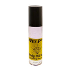 A clear roller bottle with yellow liquid inside, labeled 'Wet P♥ Body Oil Nupe: Sensuality Redefined in Every Roll', with a black cap. Long-lasting body oil fragrance