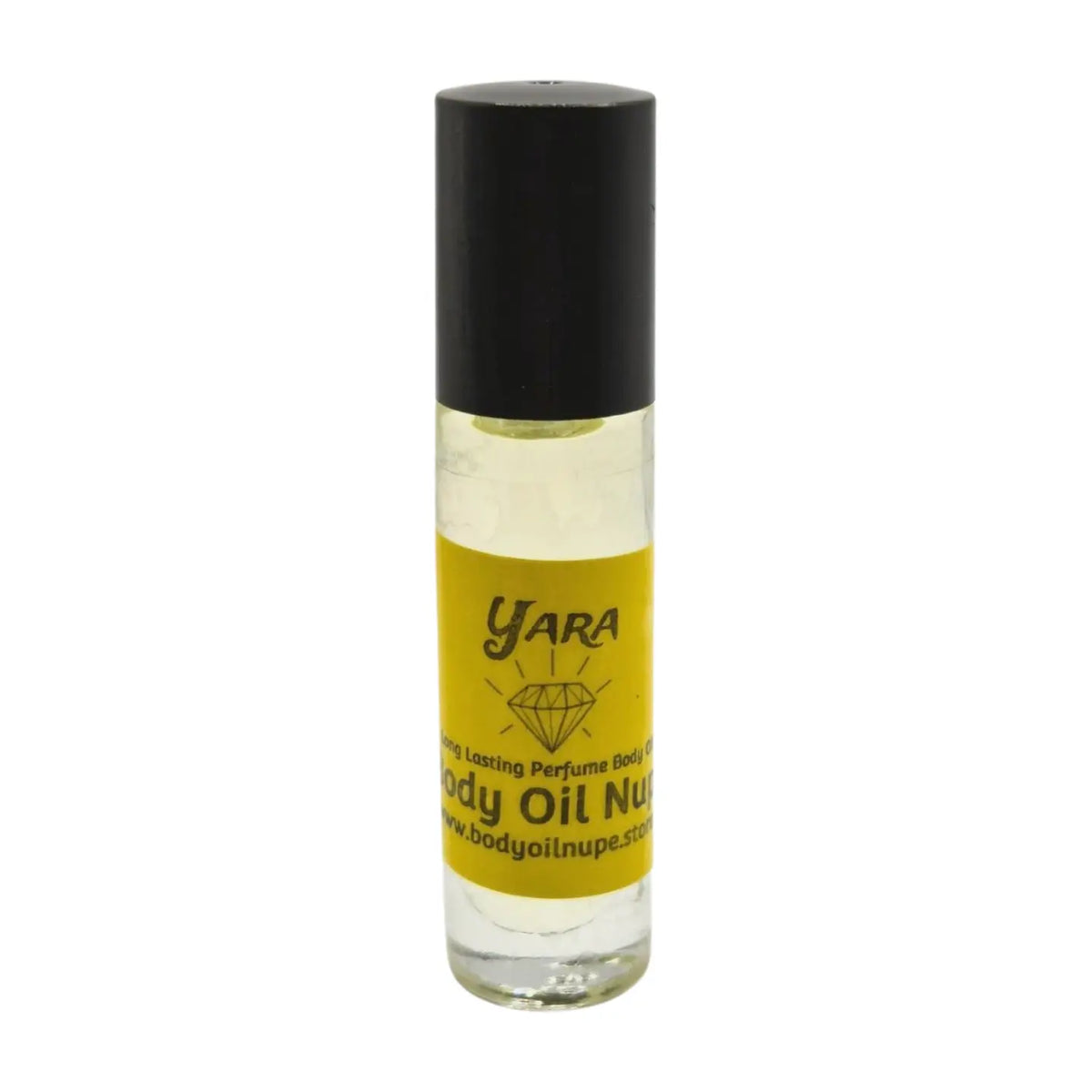 Roll-on bottle of Yara body oil with a black cap on a white background in glass bottle roll-on bottle