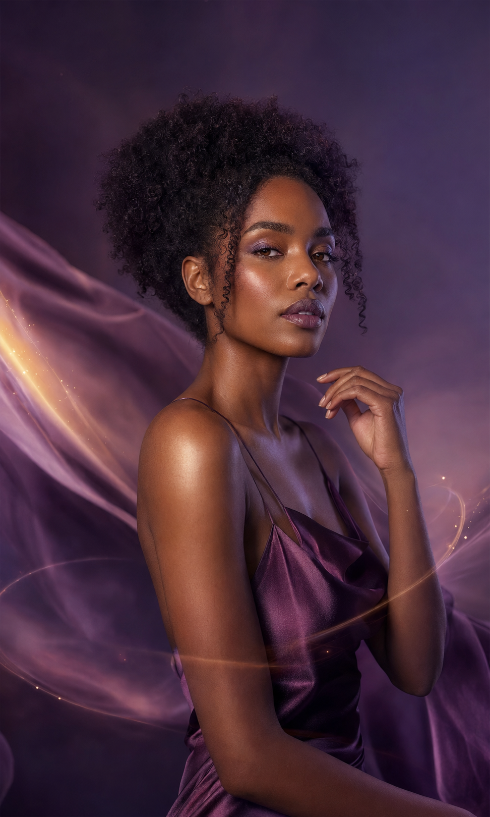 Black woman in an amethyst-purple fragrance campaign representing magnetic balance