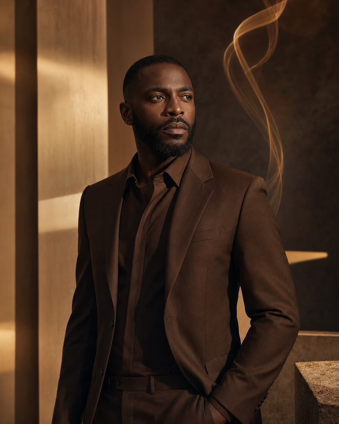 Black man in a warm amber and cocoa fragrance campaign representing purpose and confidence