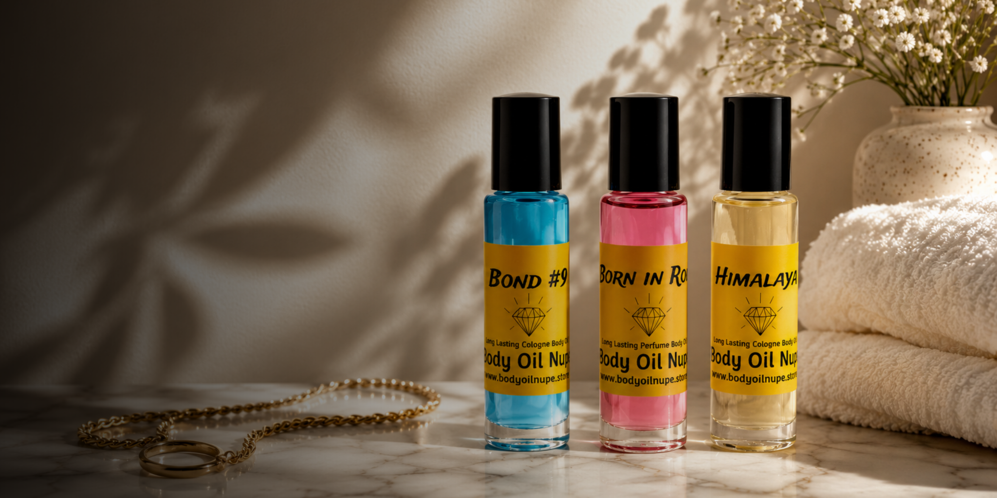 Three Body Oil Nupe roll-on body oils—Bond #9, Born in Roma, and Himalaya—in warm natural light